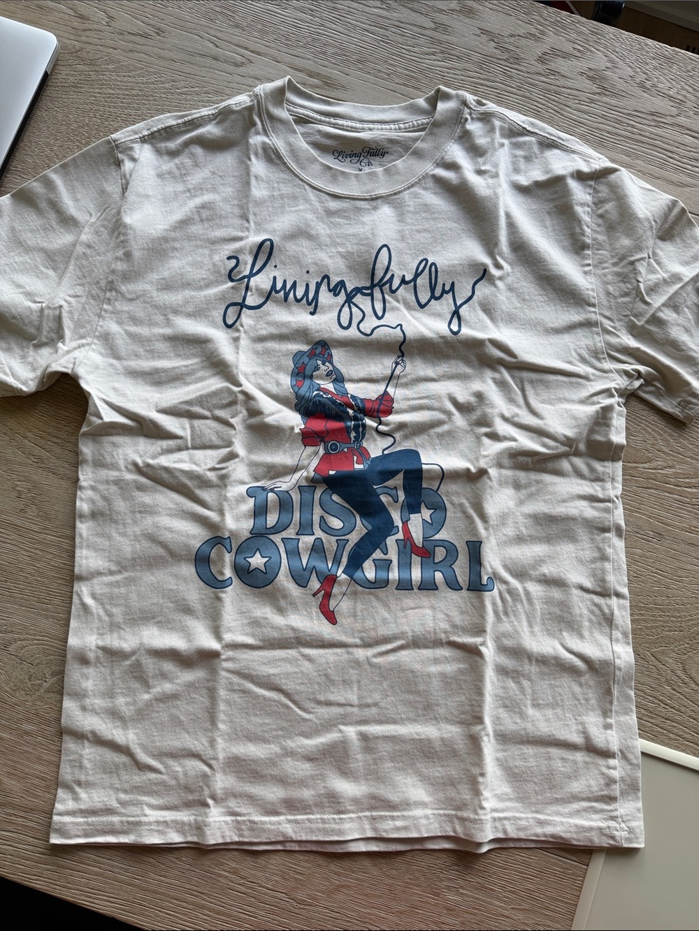 Livingfully Disco Cowgirl Graphic Tee - Cream with Blue & Red Print